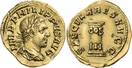Philip I, 244-249. Aureus (Gold, 20.5 mm, 4.01 g, 4 h), struck to commemorate the 1000th anniversary of Rome, Rome, 248. IMP• PHILIPPVS AVG Radiate, d...