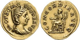 Otacilia Severa, Augusta, 244-249. Aureus (Gold, 21 mm, 3.95 g, 12 h), struck under Philip I, Rome, 246-248. M OTACIL S-EVERA AVG Draped bust of Otaci...