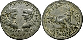 PHRYGIA. Temenothyrae. Valerian and Gallienus, 253-260. 10 Assaria (Bronze, 40 mm, 32.20 g, 6 h), Kleoboulos. AV K-A ΠΟ.ΛΙ.ΟVΑΛΕΡΙΑΝΟC / ΑV ΚΑ.ΠΟ.ΛΙΚΙ...