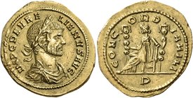 Aurelian, 270-275. Aureus (Gold, 22 mm, 4.12 g, 7 h), Mediolanum, 1st officina, end of 270. MP C D AVRELIANVS AVG Laureate, draped and cuirassed bust ...