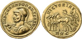 Probus, 276-282. Aureus (Gold, 22.5 mm, 6.67 g, 12 h), Serdica, 280. IMP C M AVR PROBVS P F AVG Laureate, helmeted and cuirassed bust of Probus to lef...