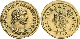 Carinus, as Caesar, 282-283. Aureus (Gold, 19.5 mm, 4.32 g, 11 h), commemorating the capture of Ctesiphon, Antioch, 283. IMP C M AVR CARINVS NOB C Lau...