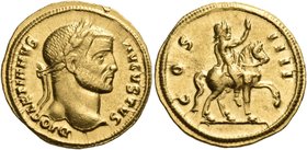 Diocletian, 284-305. Aureus (Gold, 20 mm, 5.33 g), Cyzicus, 290-293. DIOCLETIANVS – AVGVSTVS Laureate head of Diocletian to right. Rev. COS - IIII Emp...