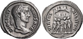 Diocletian, 284-305. Argenteus (Silver, 17.8 mm, 3.10 g, 6 h), Rome, 4th officina, 295-297. DIOCLETI-ANVS AVG Laureate head of Diocletian to right. Re...
