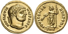Diocletian, 284-305. Aureus (Gold, 18 mm, 5.28 g, 1 h), Nicomedia, 294. DIOCLETI-ANVS AVG Laureate head of Diocletian to right. Rev. IOVI CONSE-RVATOR...