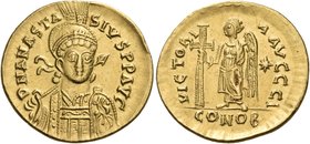 Anastasius I, 491-518. Solidus (Gold, 21 mm, 4.27 g, 7 h), Constantinople, 10th officina, 491-498. D N ANASTA-SIVS P P AVC Diademed, helmeted and cuir...