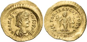 Anastasius I, 491-518. Tremissis (Gold, 10.5 mm, 1.47 g, 6 h), Constantinople, 492-518. D N ANASTA-SIVS P P AVI Diademed, draped and cuirassed bust of...