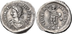 Anastasius I, 491-518. Miliarense (Silver, 21 mm, 4.39 g, 6 h), Constantinople. D N ANASTA-SIVS P P AVG Pearl diademed, draped and cuirassed bust of A...