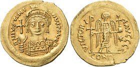 Justinian I, 527-565. Solidus (Gold, 21 mm, 4.42 g, 6 h), Rome, 7th officina, 537-542. D N IVSTINI-ANVS P P AVG Helmeted and cuirassed bust of Justini...