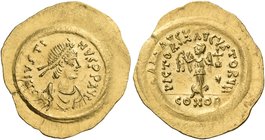 Justin II, 565-578. Tremissis (Gold, 19 mm, 1.49 g, 5 h), Constantinople. D N IVSTI - NVS PP AVC Diademed, draped and cuirassed bust of Justin to righ...