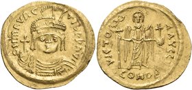 Maurice Tiberius, 582-602. Solidus (Gold, 24 mm, 4.53 g, 6 h), Constantinople, 10th officina, 583-601. dN mAVRC TIb P P AVI Draped and cuirassed bust ...