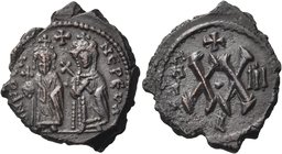 Phocas, with Leontia, 602-610. Half Follis (Copper, 22 mm, 5.08 g, 6 h), Theoupolis ( Antioch ), regnal year 3= 604-5. D N FOCAS NE PE VA To left, Pho...