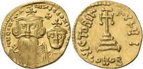 Constans II, with Constantine IV, 641-668. Solidus (Gold, 20.5 mm, 4.38 g, 5 h), Constantinople, 10th officina (I), 654-659. d N CONStANtINUS C CONStA...