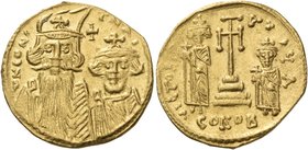 Constans II, with Constantine IV, Heraclius, and Tiberius, 641-668. Solidus (Gold, 20 mm, 4.38 g, 6 h), Constantinople, 1st officina (A), 661-663. d N...
