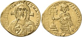 Justinian II, first reign, 685-695. Solidus (Gold, 20.5 mm, 4.13 g, 6 h), Constantinople, 8th officina (H), 692-695. IhS CRISTDS REX REGNANTIVM Draped...