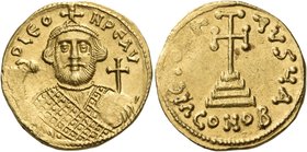 Leontius, 695-698. Solidus (Gold, 20.5 mm, 4.52 g, 6 h), Constantiople, 1st officina (A). D LEO-N PE AV Crowned bust of Leontius facing, holding akaki...