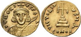 Tiberius III (Apsimar), 698-705. Solidus (Gold, 20 mm, 4.44 g, 6 h), Constantinople, 1st officina (A). D TIbERI-ЧS PE AV Crowned and cuirassed bust of...