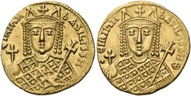 Irene, 797-802. Solidus (Gold, 19.5 mm, 4.33 g, 6 h), Constantinople. ϵIRIҺH bASILISSH Bust of Irene facing, wearing loros and crown with cross, pinna...
