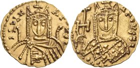 Irene, 797-802. Solidus (Gold, 17.5 mm, 3.63 g, 7 h), Syracuse, circa 797-798. IRIEN AΓOVST Bust of Irene facing, wearing chlamys and crown with pendi...