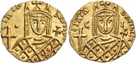 Irene, 797-802. Solidus (Gold, 18.5 mm, 3.82 g, 6 h), Syracuse, 798-802. EIRIN bASILISI Crowned bust of Irene facing, wearing loros and holding a glob...
