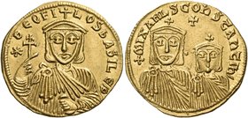Theophilus, with Constantine and Michael II, 829-842. Solidus (Gold, 20.5 mm, 4.45 g, 6 h), Constantinople, 830/1-840. ✷ΘEOFI-LOS bASIL E' Θ Crowned f...