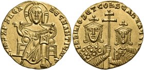 Basil I the Macedonian, with Constantine VII, 867-886. Solidus (Gold, 18.5 mm, 4.46 g, 6 h), Constantinople, circa 871-876. +IhS XRS REX REGNANTIUM x ...