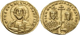 Nicephorus II Phocas, with Basil II, 963-969. Histamenon nomisma (Gold, 21.5 mm, 4.41 g, 6 h), Constantinople. +IhS XPS REX REGNANTIhm Facing bust of ...