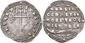 Basil II Bulgaroktonos, with Constantine VIII, 976-1025. Miliaresion (Silver, 25 mm, 2.92 g, 1 h), Constantinople, 977. +IhSЧ XSI-STuS ҺICA (sic!) Pat...