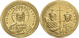 Basil II Bulgaroktonos, with Constantine VIII, 976-1025. Histamenon nomisma (Gold, 25 mm, 4.42 g, 6 h), Constantinople, 1001-1025. +IhS XIS REX REGNAN...
