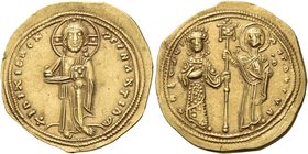 Theodora, 1055-1056. Histamenon (Gold, 23 mm, 4.35 g, 6 h), Constantinople. + IhS XIS REX - REINANTIhm Christ Pantokrator, standing facing on dais, we...