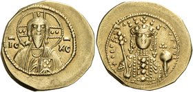 Theodora, 1055-1056. Tetarteron nomisma (Gold, 20 mm, 3.91 g, 6 h), Constantinople. IC-XC Bust of Christ Pantokrator facing, wearing cross nimbus with...