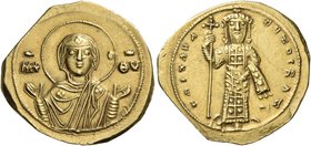 Michael VI Stratioticus, 1056-1057. Tetarteron nomisma (Gold, 20 mm, 3.97 g, 6 h), Constantinople. Nimbate and draped bust of the Virgin Mary orans fa...