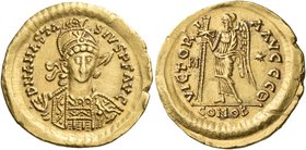 OSTROGOTHS. Theoderic, 493-526. Solidus (Gold, 20.5 mm, 4.42 g, 6 h), in the name of Anastasius I, Rome, 493-518. D N ANASTA-SIVS P F AVG Helmeted and...