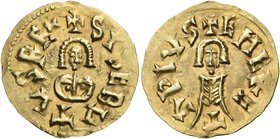 VISIGOTHS, Spain. Sisebut, 612-621. Tremissis (Gold, 20.5 mm, 1.56 g, 6 h), Emerita in Lusitania, modern Mérida. +SISEBVTVS REx Facing bust. Rev. +EME...