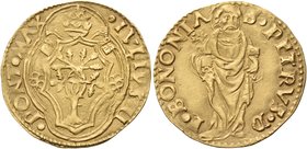 ITALY, Bologna. Papal Coinage. Julius II (Giuliano Della Rovere), 1503-1513. Ducato (Gold, 23 mm, 3.45 g, 8 h). •IVLIVS• II •PONT• MAX Coat of arms su...