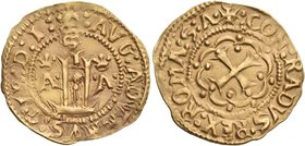 ITALY. Genoa. Agostino Adorno, Governor for the Duke of Milan, 1488-1499. Ducato (Gold, 23 mm, 3.43 g, 12 h). :AVG: ADVRNVS: GVB: D: I: Stylized castl...