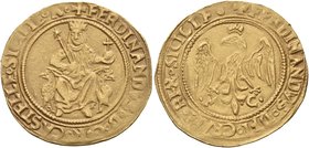 ITALY. Messina. Ferdinand III, 'the Catholic', 1479-1516. Ducato (Gold, 22 mm, 3.51 g, 1 h), mint master, Matteo Compagna, circa 1490-1503. +FERDINAND...