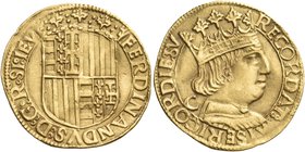 ITALY. Naples. Ferdinand I of Aragon, 1458-1494. Ducat (Gold, 22.5 mm, 3.45 g, 8 h), mint master Jacobo Contrullo, 1472-1488. FERDINANDVS: D: G: R•SI:...