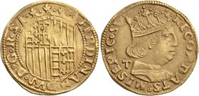ITALY. Naples. Ferdinand I of Aragon, 1458-1494. Ducat (Gold, 22 mm, 3.43 g, 8 h), mint master Girolamo Tramontano, 1488-1494. FERDINANDVS• D: G• R•S ...
