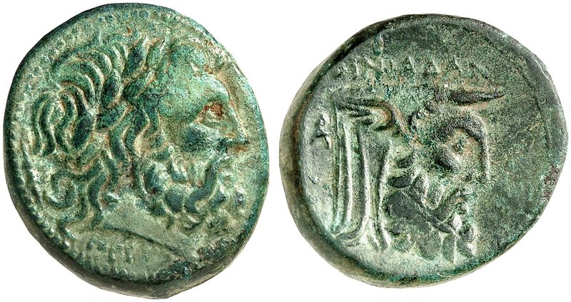 GRIECHISCHE MÜNZEN. AKARNANIEN. - Oiniadai. Bronze, 219-211 v. Chr. Bärtiger Zeu...
