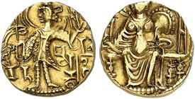 GRIECHISCHE MÜNZEN. INDIEN. - KUSHANREICH. Vasu Deva III. und Nachfolger, 260 - 360. Ein weiteres, ähnliches Exemplar.
Gold 7,60 g ss