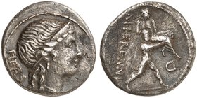 RÖMISCHE MÜNZEN. RÖMISCHE REPUBLIK. M. Herennius. Denar, 108/107 v. Chr. Kopf der Pietas / Amphinomus trägt seinen Vater Aeneas aus dem von einem Ätna...