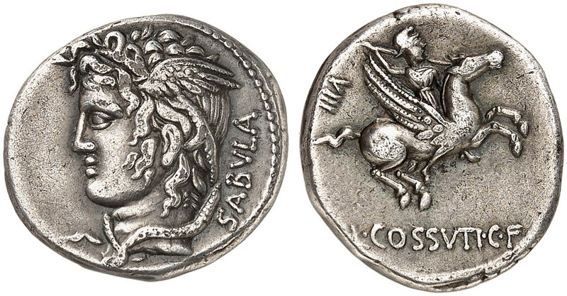 RÖMISCHE MÜNZEN. RÖMISCHE REPUBLIK. L. Cossutius. Denar. 74 v. Chr. Medusenkopf ...