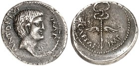 RÖMISCHE MÜNZEN. RÖMISCHE REPUBLIK. Marcus Antonius. Denar, 40/39 v. Chr. Kopf des Marcus Antonius / Geflügelter Caduceus.
Cr. 529/3; S. 1328 3,48 g ...