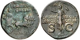 RÖMISCHE MÜNZEN. RÖMISCHE KAISERZEIT. Germanicus, gest. 19 n. Chr. Dupondius, geprägt unter Caligula. Germanicus in Triumphalquadriga / Stehender Germ...