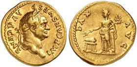 RÖMISCHE MÜNZEN. RÖMISCHE KAISERZEIT. Vespasianus, 69 - 79. Aureus. Rev. Stehende Pax neben Altar.
RIC 543; Cal. 660 Gold 7,38 g vz mit Prägeglanz...