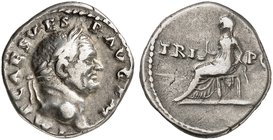 RÖMISCHE MÜNZEN. RÖMISCHE KAISERZEIT. Vespasianus, 69 - 79. Denar. Rev. Thronende Vesta.
RIC 46 3,43 g ausdrucksvolles Portrait, s-ss