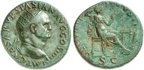 RÖMISCHE MÜNZEN. RÖMISCHE KAISERZEIT. Vespasianus, 69 - 79. Dupondius, Lugdunum. Rev. Thronende Securitas.
RIC 1197 (R) 12,60 g olivgrüne Patina, Rev...