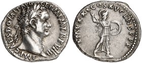 RÖMISCHE MÜNZEN. RÖMISCHE KAISERZEIT. Domitianus Augustus, 81 - 96. Denar. Rev. Stehende Minerva mit Speer und Schild.
RIC 689 3,48 g vz / ss