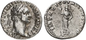 RÖMISCHE MÜNZEN. RÖMISCHE KAISERZEIT. Domitianus Augustus, 81 - 96. Denar. Rev. Stehende Minerva.
RIC 722 3,15 g kl. Kr., ss